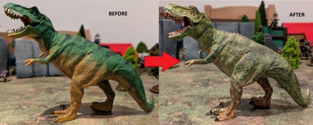 A cheap dinosaur toy on the left has been painted on the right to be better looking